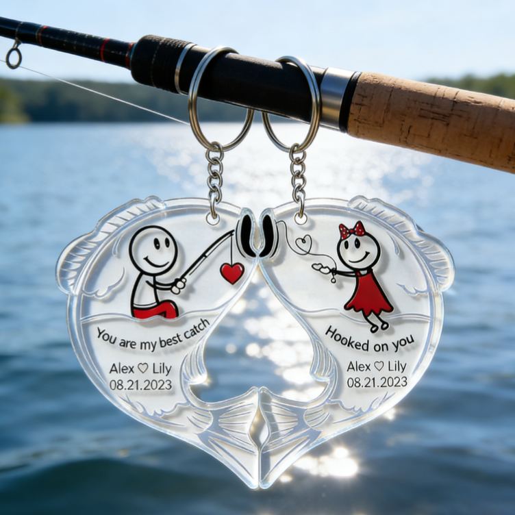 Personalized Fishing for Love Couple Keychain Engraved Keychain Metaphorical Holiday Gift for Partners