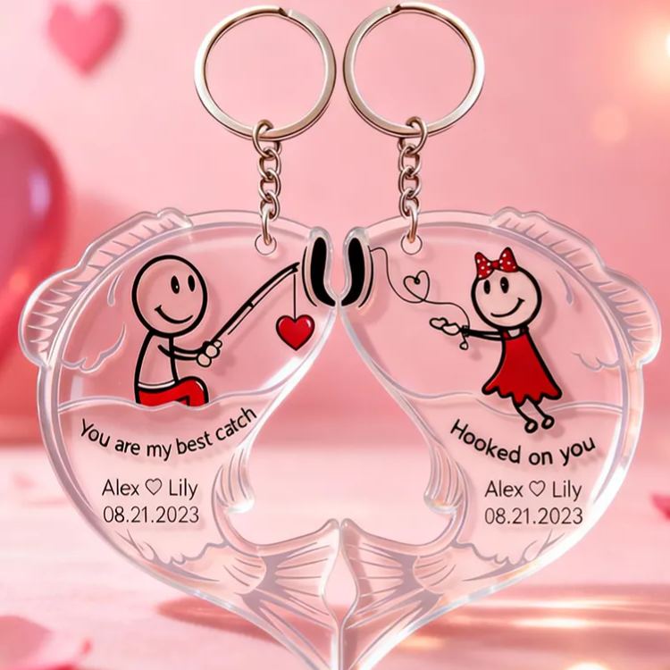 Personalized Fishing for Love Couple Keychain Engraved Keychain Metaphorical Holiday Gift for Partners