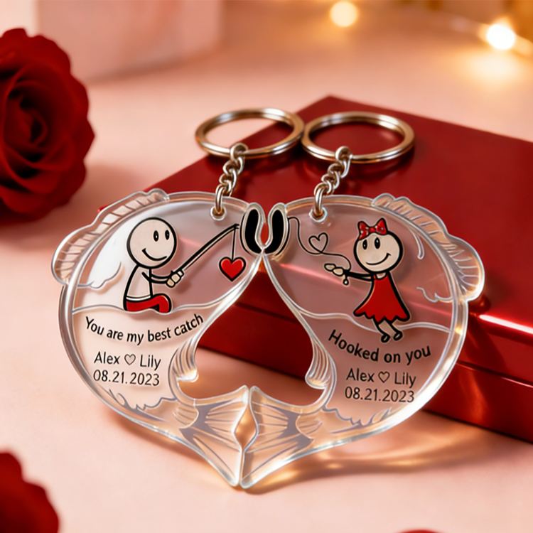 Personalized Fishing for Love Couple Keychain Engraved Keychain Metaphorical Holiday Gift for Partners