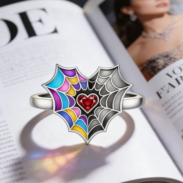 Personalized Birthstone Spiderweb Heart Ring Sterling Silver Ring Symbolic Jewelry Gift for Couples and Best Friends