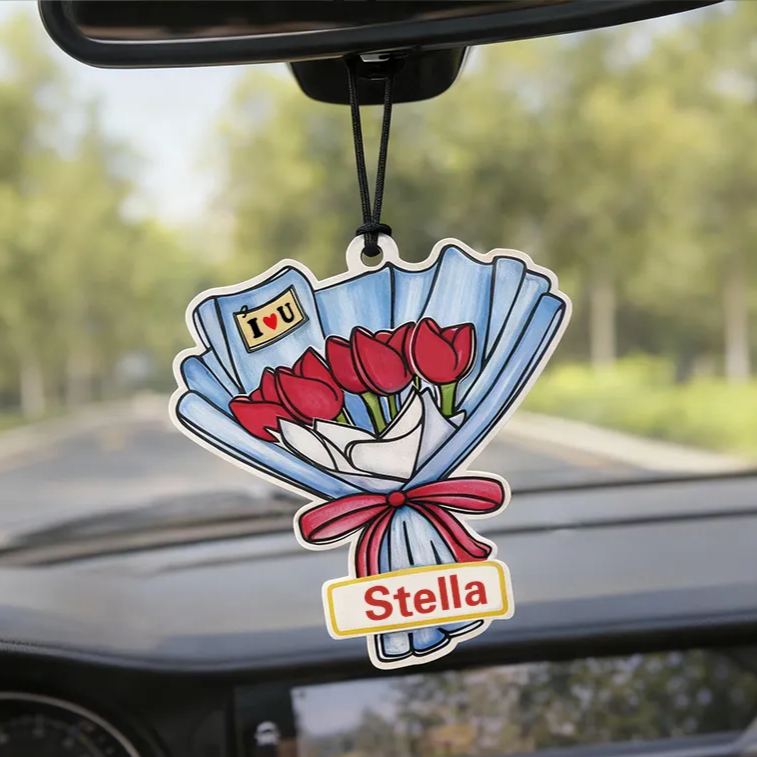 Personalized Cartoon Rose Bouquet Keychain Engraved Keychain Romantic Gift for Couples