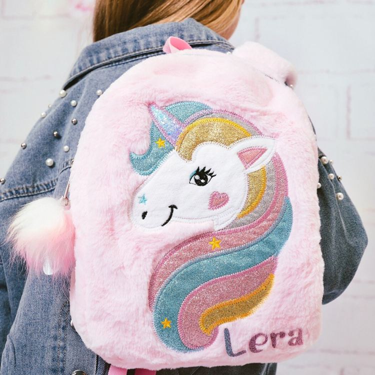 Personalized Cute Dream Horse Theme Custom Name Soft Plush Pink Girls School Travel Backpack