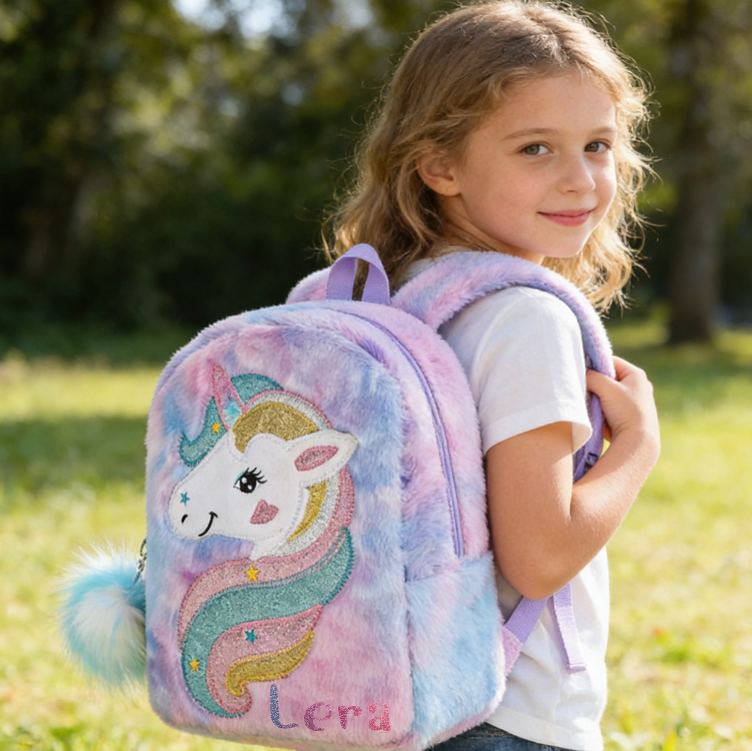 Personalized Cute Dream Horse Theme Custom Name Soft Plush Pink Girls School Travel Backpack
