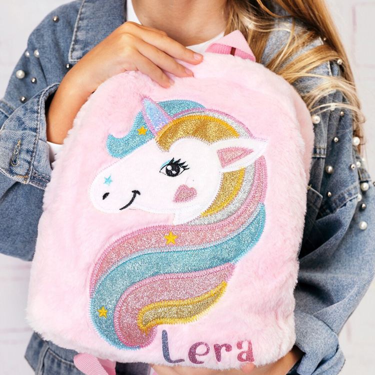 Personalized Cute Dream Horse Theme Custom Name Soft Plush Pink Girls School Travel Backpack