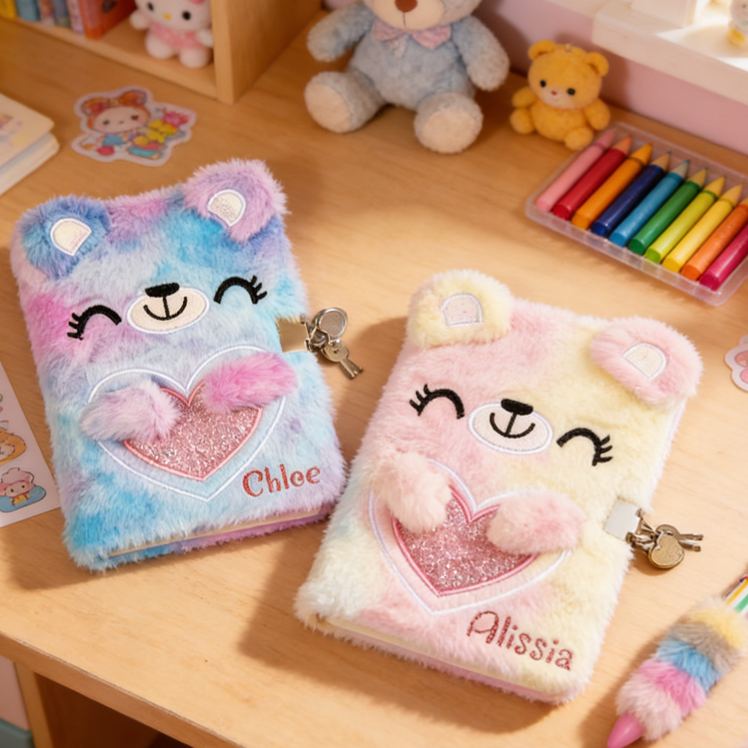 Personalized Adorable Rainbow Teddy Pattern Custom Name Soft Fluffy Kids Writing Notebook