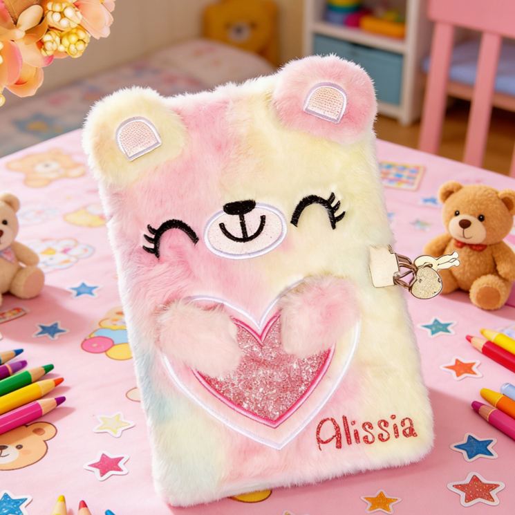 Personalized Adorable Rainbow Teddy Pattern Custom Name Soft Fluffy Kids Writing Notebook