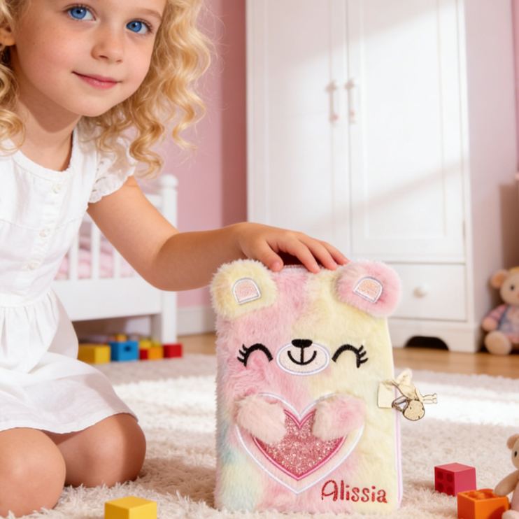 Personalized Adorable Rainbow Teddy Pattern Custom Name Soft Fluffy Kids Writing Notebook