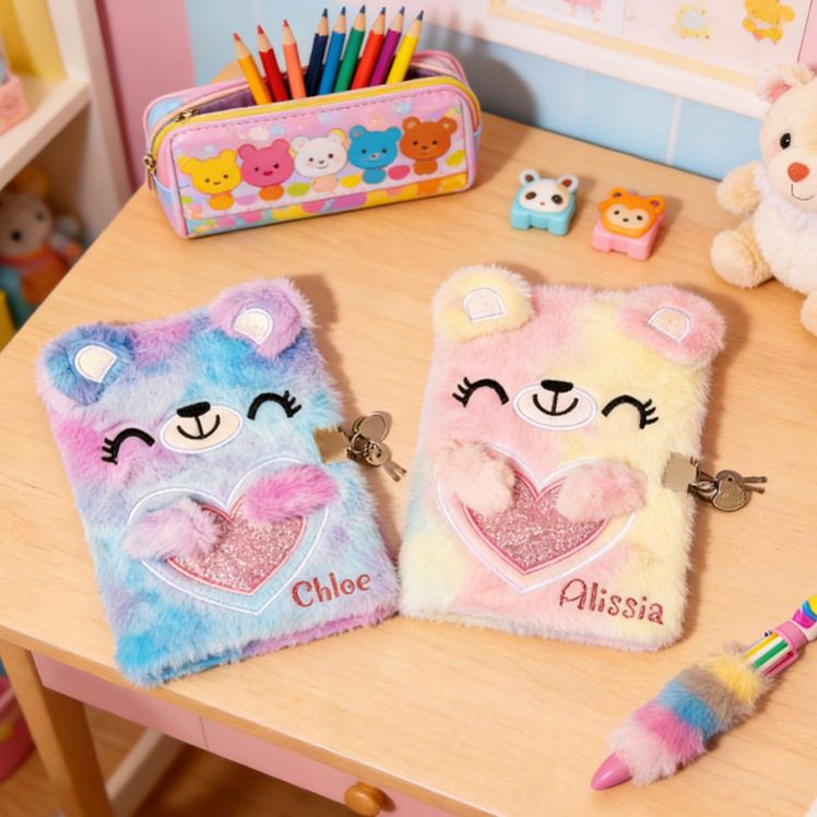 Personalized Adorable Rainbow Teddy Pattern Custom Name Soft Fluffy Kids Writing Notebook