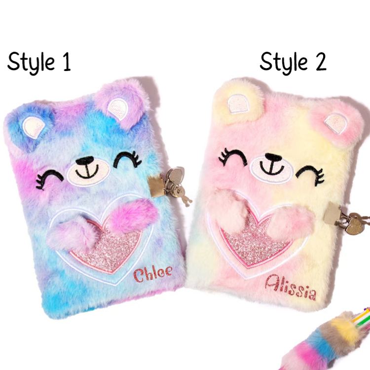Personalized Adorable Rainbow Teddy Pattern Custom Name Soft Fluffy Kids Writing Notebook