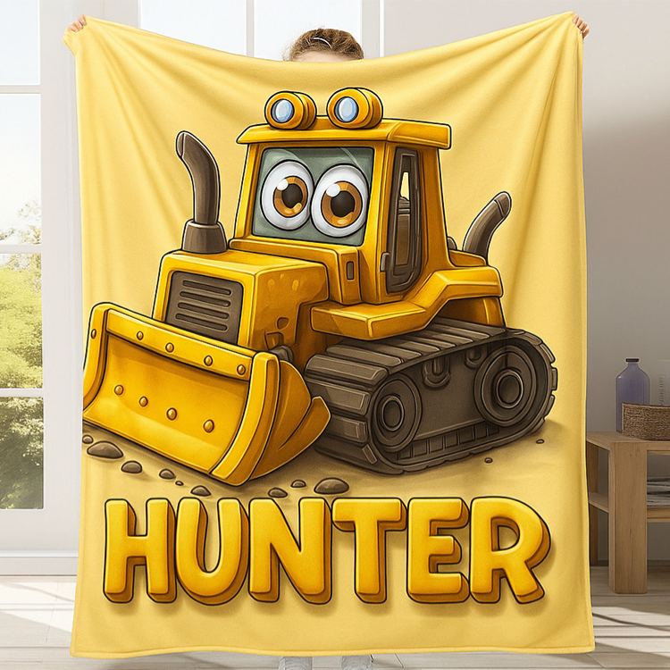 Personalized Cute Bulldozer Theme Custom Name Fun Construction Vehicle Kids Cozy Blanket Blanket