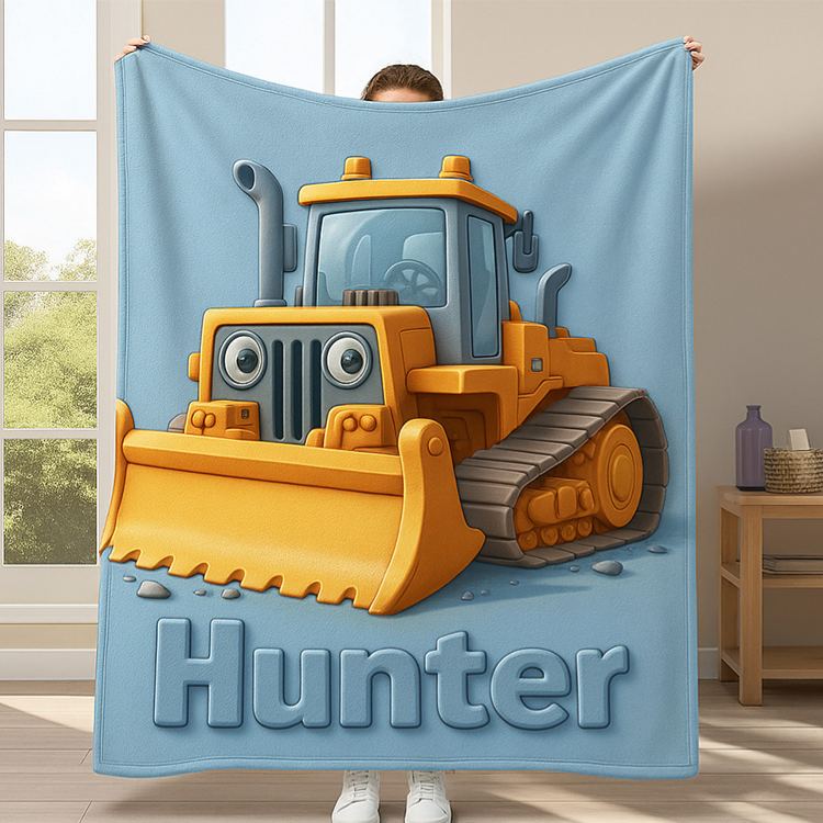 Personalized Cute Bulldozer Theme Custom Name Fun Construction Vehicle Kids Cozy Blanket Blanket