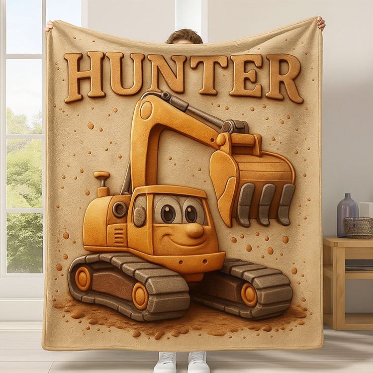 Personalized Cute Bulldozer Theme Custom Name Fun Construction Vehicle Kids Cozy Blanket Blanket