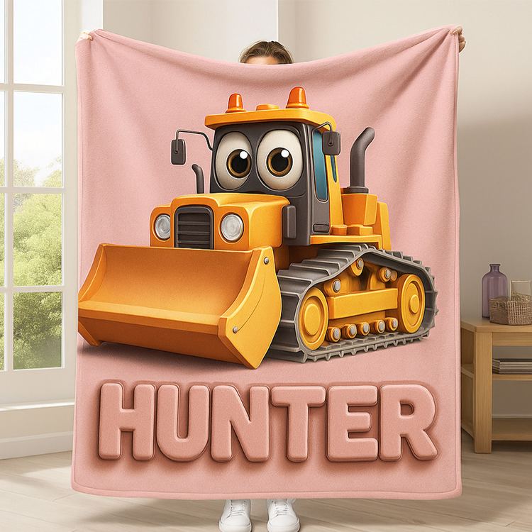 Personalized Cute Bulldozer Theme Custom Name Fun Construction Vehicle Kids Cozy Blanket Blanket