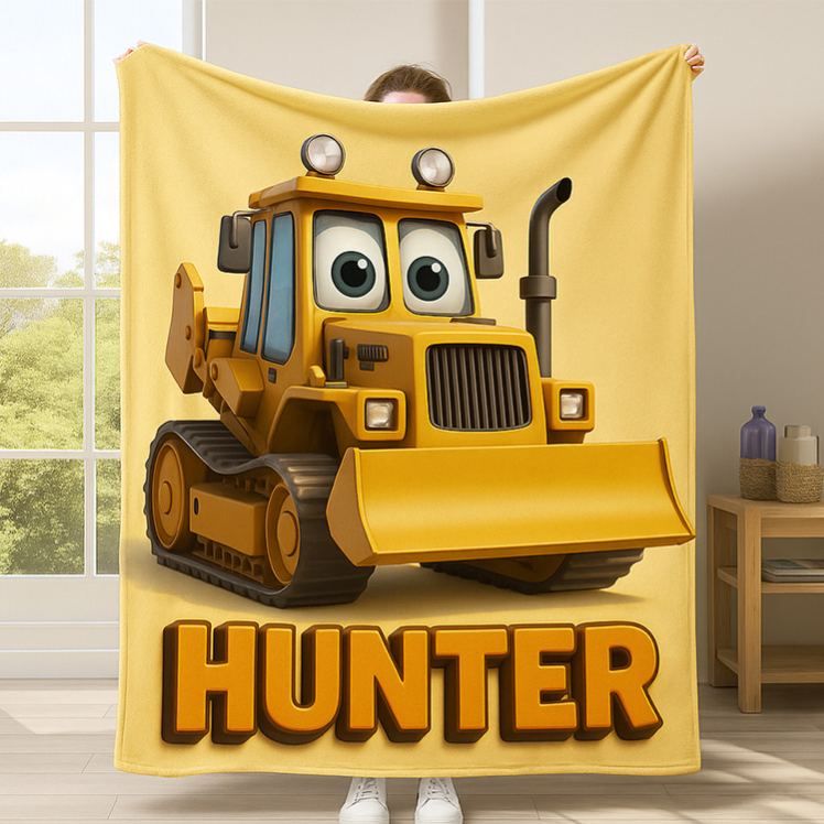 Personalized Cute Bulldozer Theme Custom Name Fun Construction Vehicle Kids Cozy Blanket Blanket