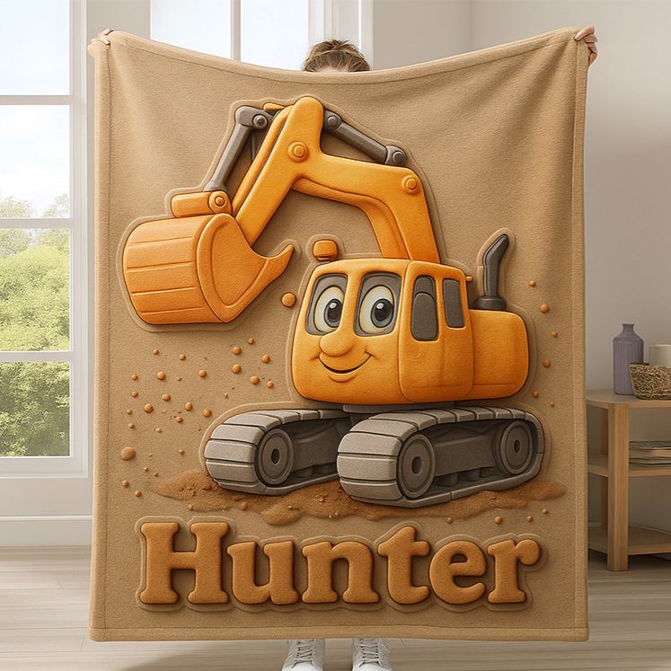 Personalized Cute Bulldozer Theme Custom Name Fun Construction Vehicle Kids Cozy Blanket Blanket