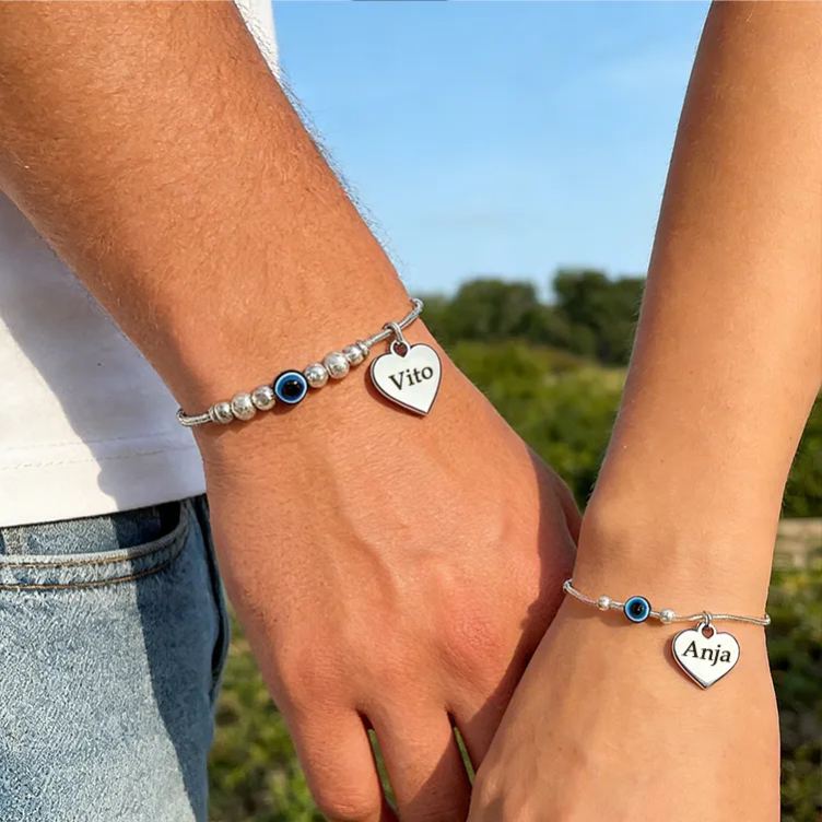Personalized 925 Sterling Silver Beaded Evil Eye Bracelet Jewelry Gift for Couples