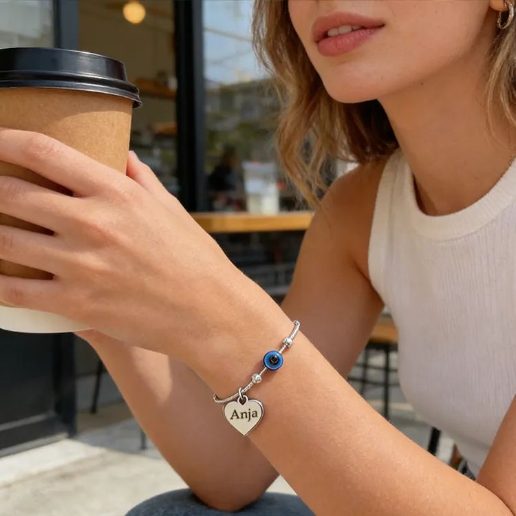 Personalized 925 Sterling Silver Beaded Evil Eye Bracelet Jewelry Gift for Couples