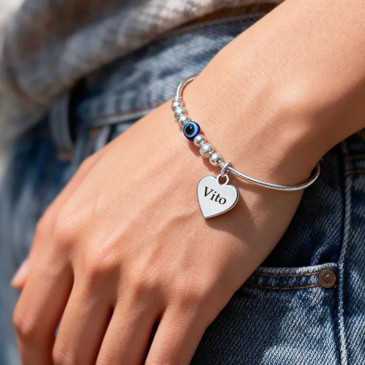 Personalized 925 Sterling Silver Beaded Evil Eye Bracelet Jewelry Gift for Couples
