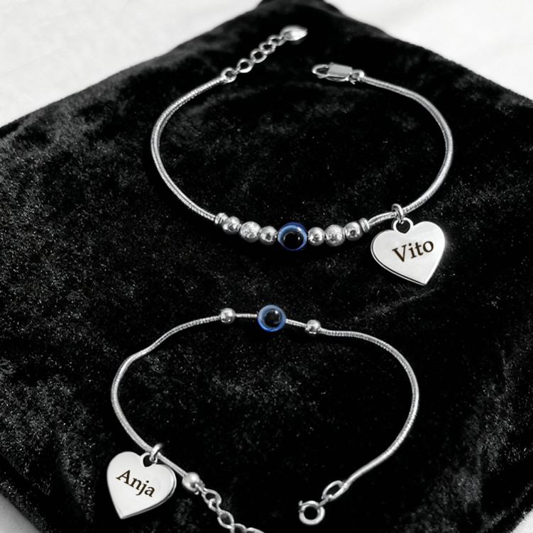 Personalized 925 Sterling Silver Beaded Evil Eye Bracelet Jewelry Gift for Couples