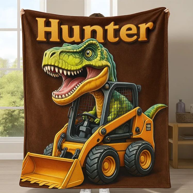 Personalized Dinosaur And Digger Theme Custom Name Fun Kids Cozy Bedroom Decor Blanket Blanket