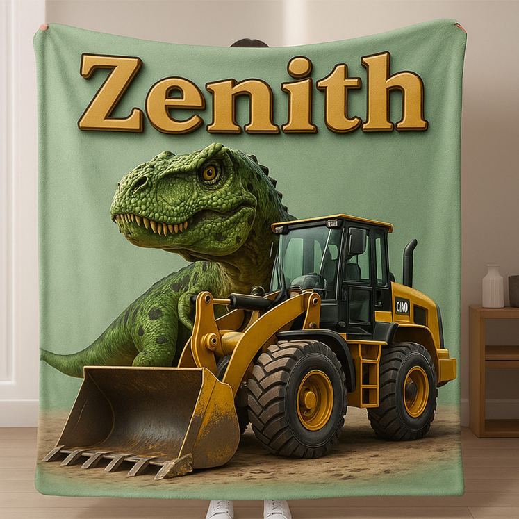 Personalized Dinosaur And Digger Theme Custom Name Fun Kids Cozy Bedroom Decor Blanket Blanket