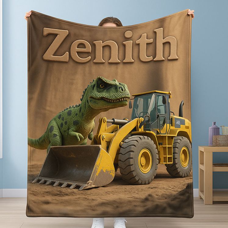 Personalized Dinosaur And Digger Theme Custom Name Fun Kids Cozy Bedroom Decor Blanket Blanket