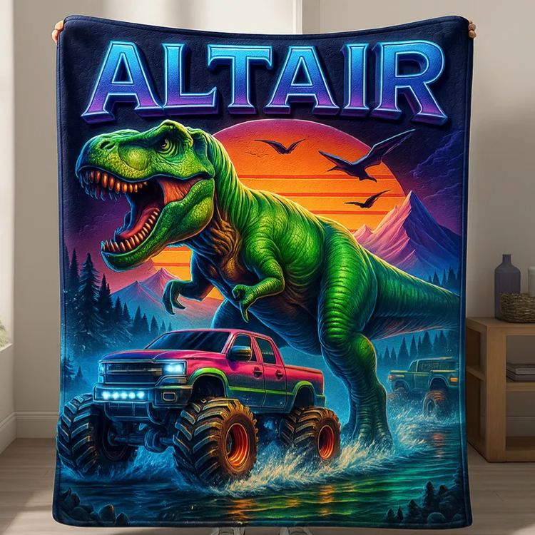 Personalized Ferocious Dinosaur Theme Custom Name Green Jungle Adventure Kids Cozy Blanket Blanket