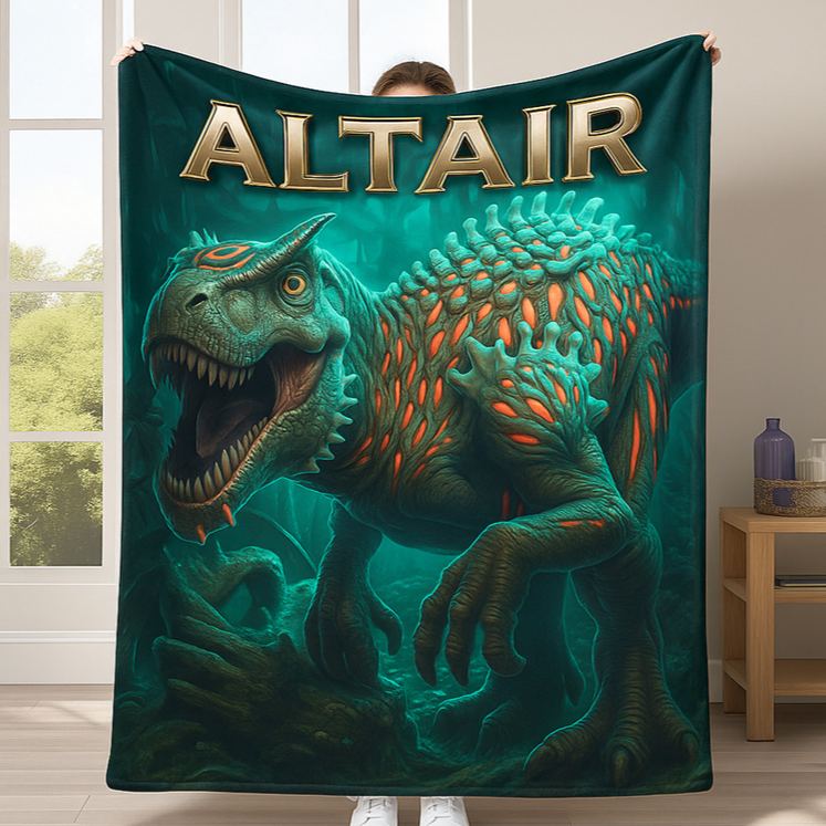 Personalized Ferocious Dinosaur Theme Custom Name Green Jungle Adventure Kids Cozy Blanket Blanket