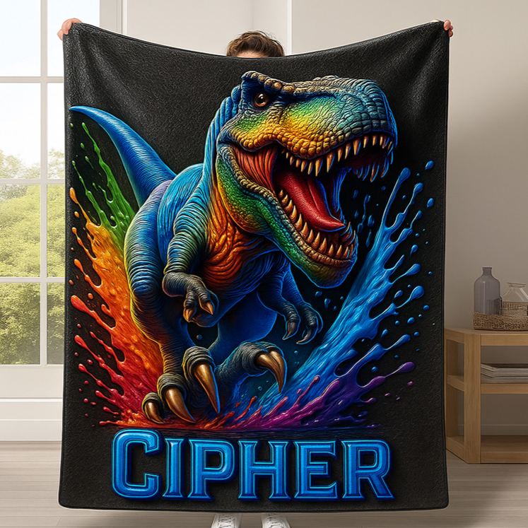 Personalized Ferocious Dinosaur Theme Custom Name Green Jungle Adventure Kids Cozy Blanket Blanket