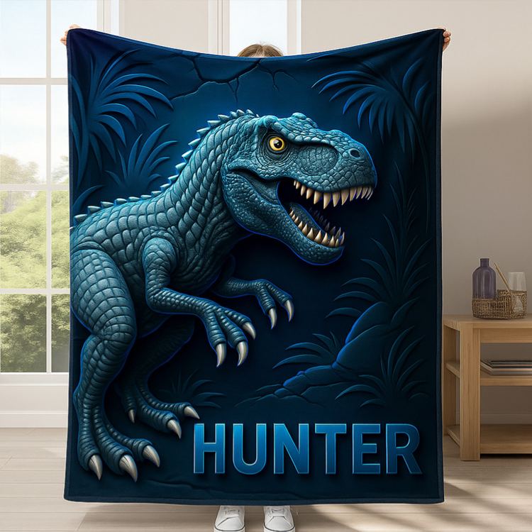 Personalized Ferocious Dinosaur Theme Custom Name Green Jungle Adventure Kids Cozy Blanket Blanket