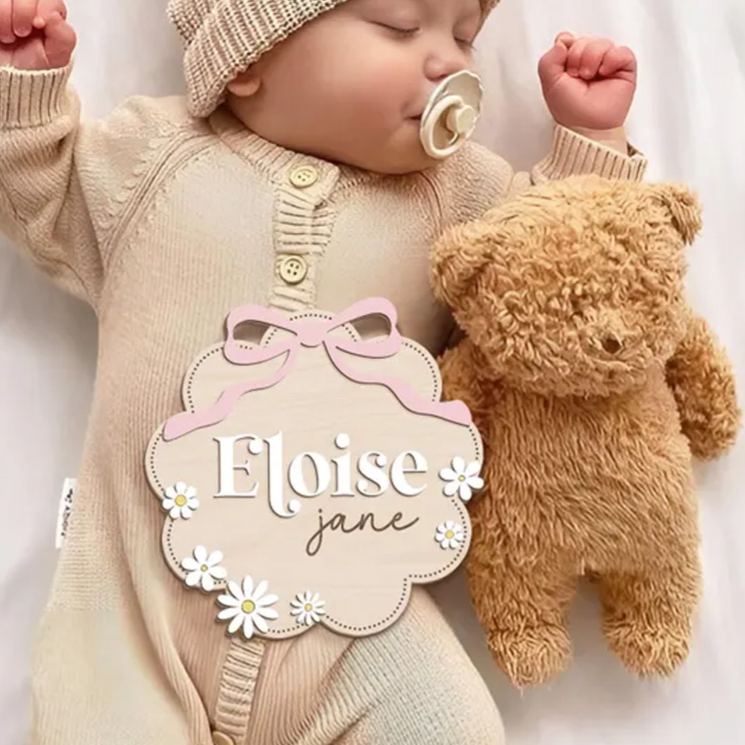 Personalized Elegant Floral Bow Pattern Custom Engraved Newborn Name Plaque Wooden Baby Announcement Sign