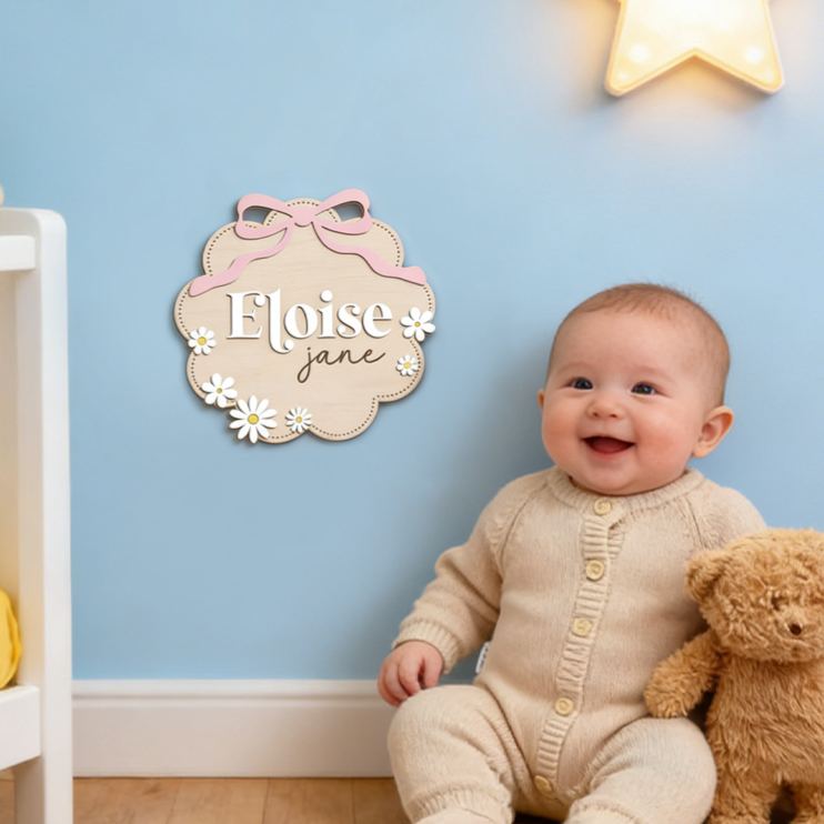 Personalized Elegant Floral Bow Pattern Custom Engraved Newborn Name Plaque Wooden Baby Announcement Sign