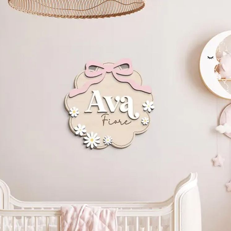 Personalized Elegant Floral Bow Pattern Custom Engraved Newborn Name Plaque Wooden Baby Announcement Sign