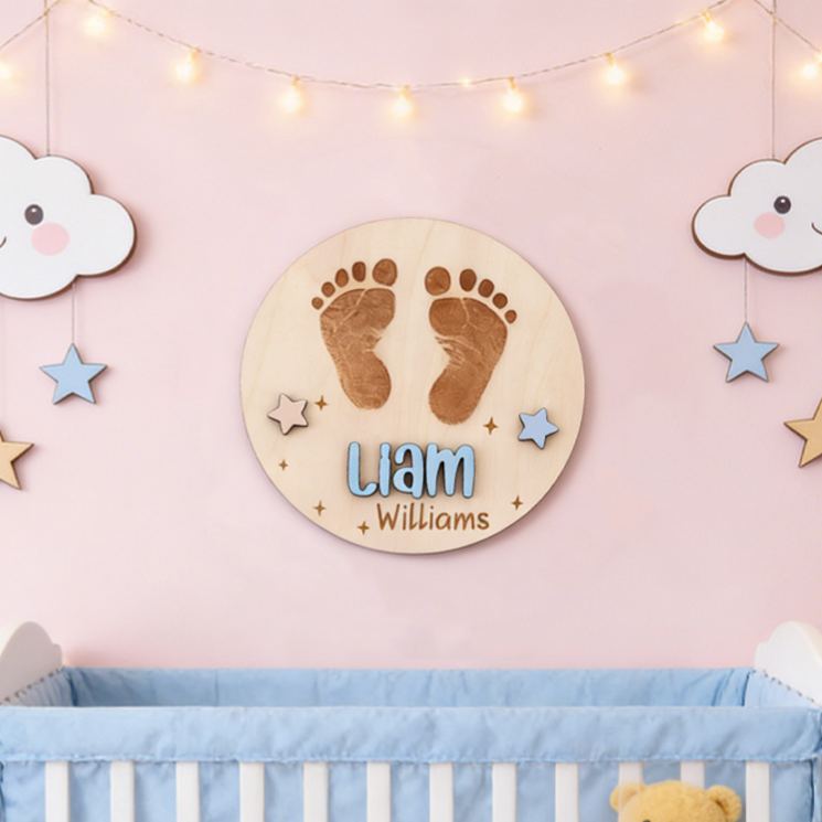 Personalized Cute Little Feet Pattern Custom Engraved Newborn Name Plaque Wooden Baby Announcement Sign