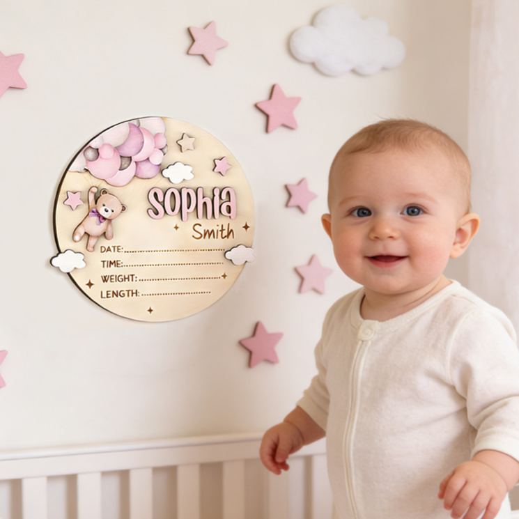Personalized Lovely Teddy And Star Theme Custom Birth Record Nursery Wall Decor Wooden Baby Announcement Sign
