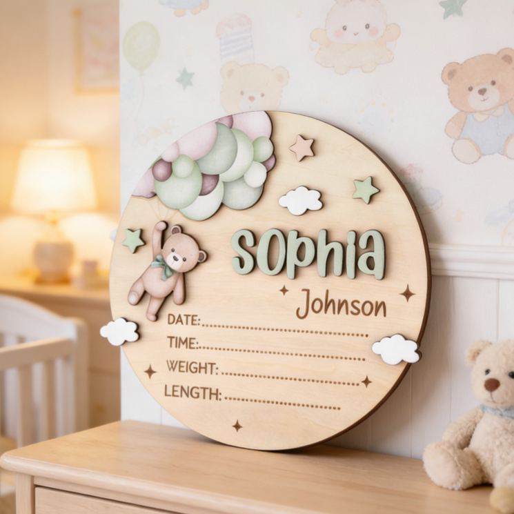 Personalized Lovely Teddy And Star Theme Custom Birth Record Nursery Wall Decor Wooden Baby Announcement Sign