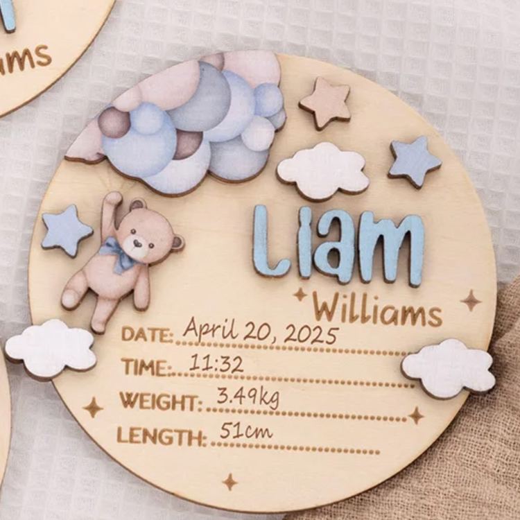 Personalized Lovely Teddy And Star Theme Custom Birth Record Nursery Wall Decor Wooden Baby Announcement Sign