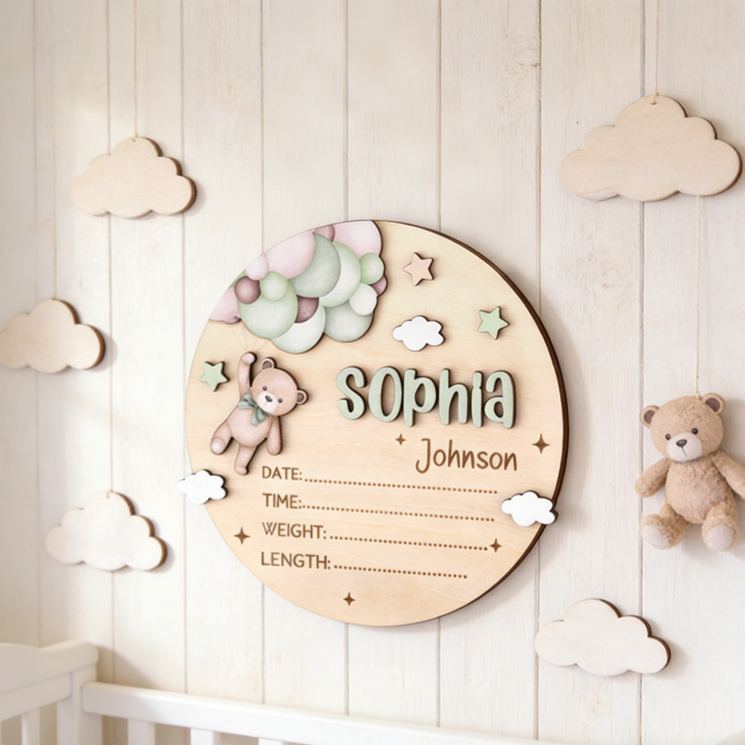 Personalized Lovely Teddy And Star Theme Custom Birth Record Nursery Wall Decor Wooden Baby Announcement Sign