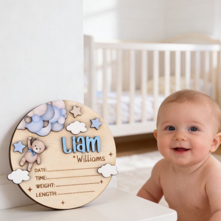 Personalized Lovely Teddy And Star Theme Custom Birth Record Nursery Wall Decor Wooden Baby Announcement Sign