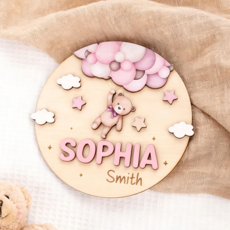 Personalized Teddy Bear Wooden Baby Announcement Sign with Name and Birth Stats Baby Shower Gift for Newborns Expectant Parents