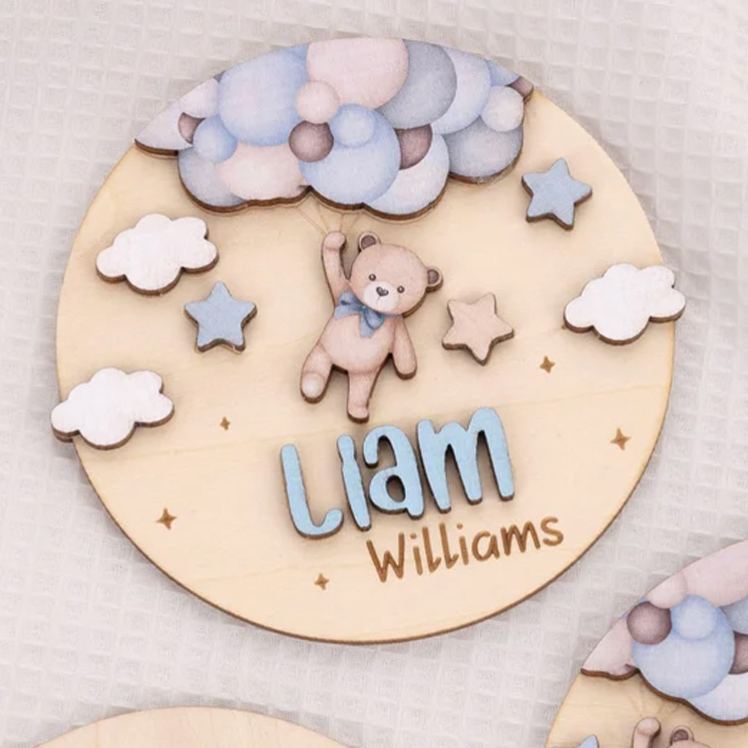 Personalized Teddy Bear Wooden Baby Announcement Sign with Name and Birth Stats Baby Shower Gift for Newborns Expectant Parents