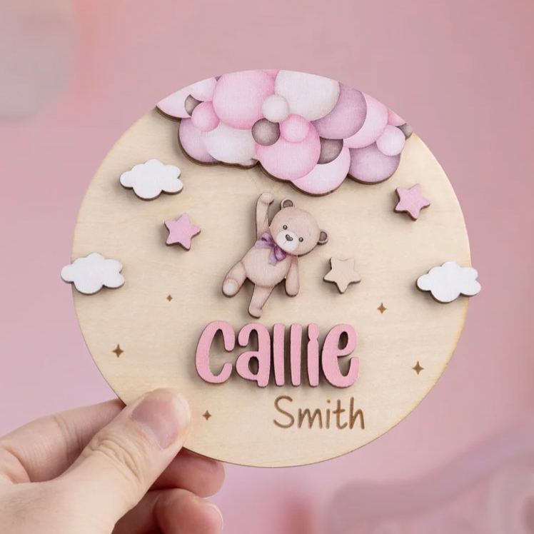 Personalized Teddy Bear Wooden Baby Announcement Sign with Name and Birth Stats Baby Shower Gift for Newborns Expectant Parents