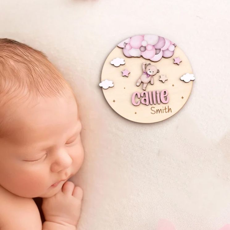 Personalized Teddy Bear Wooden Baby Announcement Sign with Name and Birth Stats Baby Shower Gift for Newborns Expectant Parents