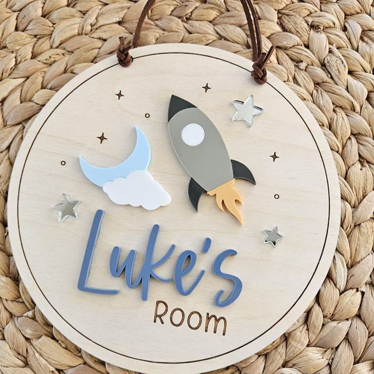Personalized Space Theme Cute Rocket Custom Name Wall Decor For Kids Room Childs Bedroom Door Sign
