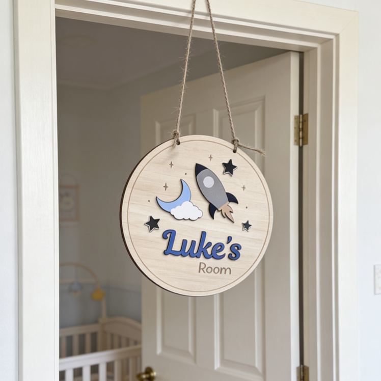 Personalized Space Theme Cute Rocket Custom Name Wall Decor For Kids Room Childs Bedroom Door Sign