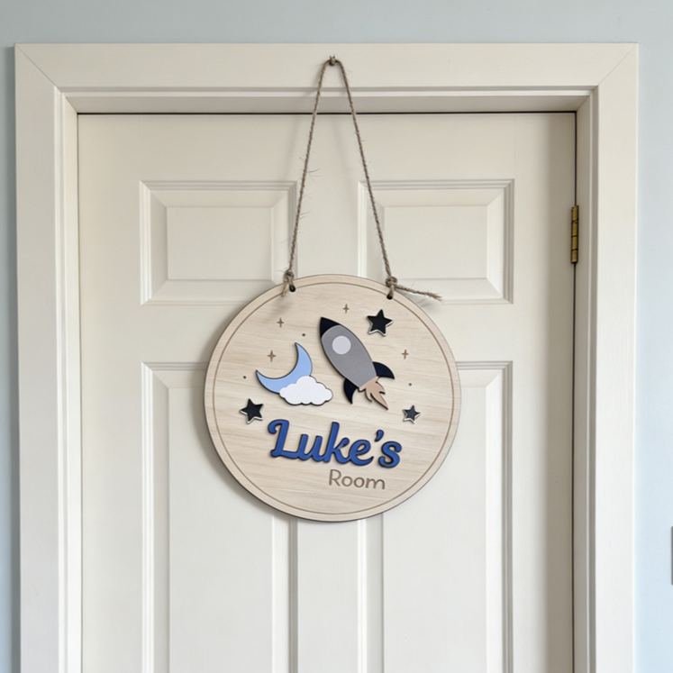 Personalized Space Theme Cute Rocket Custom Name Wall Decor For Kids Room Childs Bedroom Door Sign