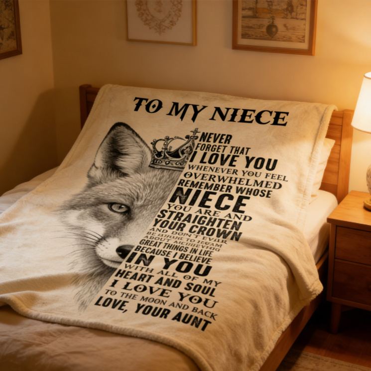 Personalized To My Niece Fox Pattern Custom Quote Warm Cozy Throw Gift Blanket Blanket