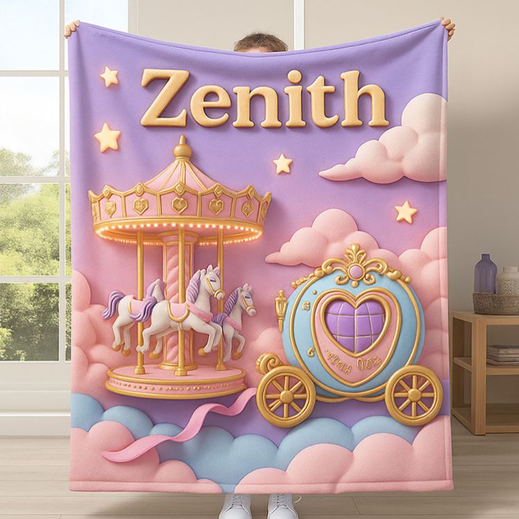 Personalized Cute Carousel And Carriage Custom Name Soft Blanket For Kids Bedroom Blanket