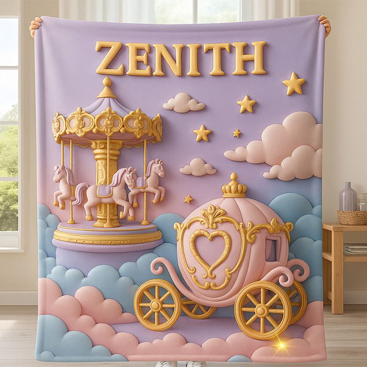 Personalized Cute Carousel And Carriage Custom Name Soft Blanket For Kids Bedroom Blanket