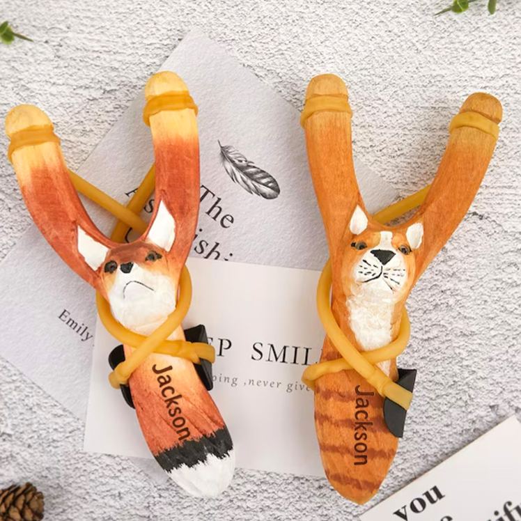 Personalized Handmade Animal Wooden Slingshot Hand-Painted Toy Log Slingshot Gift for Kid